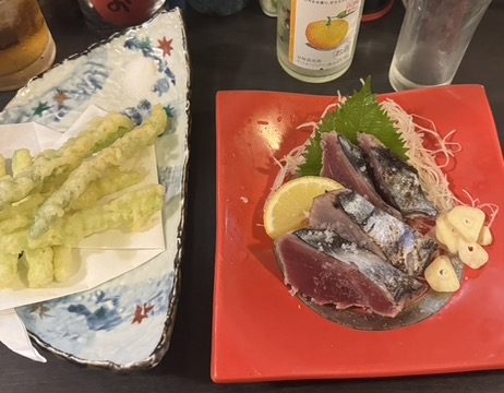 Seared katsuo tataki and tempura at a local restaurant